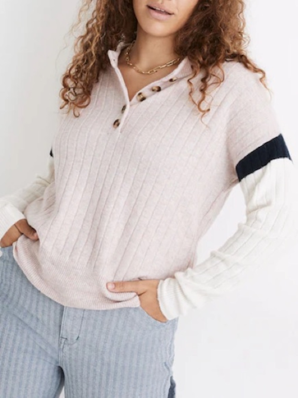 Madewell Striped Bowden Henley Sweater Pink Cream Coziest Yarn M